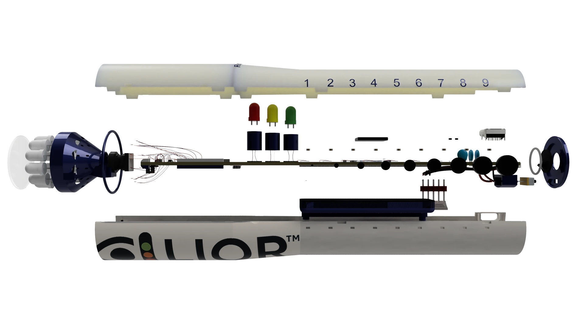 LIOR pupilometer exploded side view revealing the internal optics, LEDs, and electronics