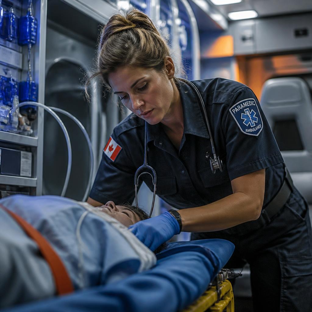 Paramedic attending to a patient in the back of an ambulance