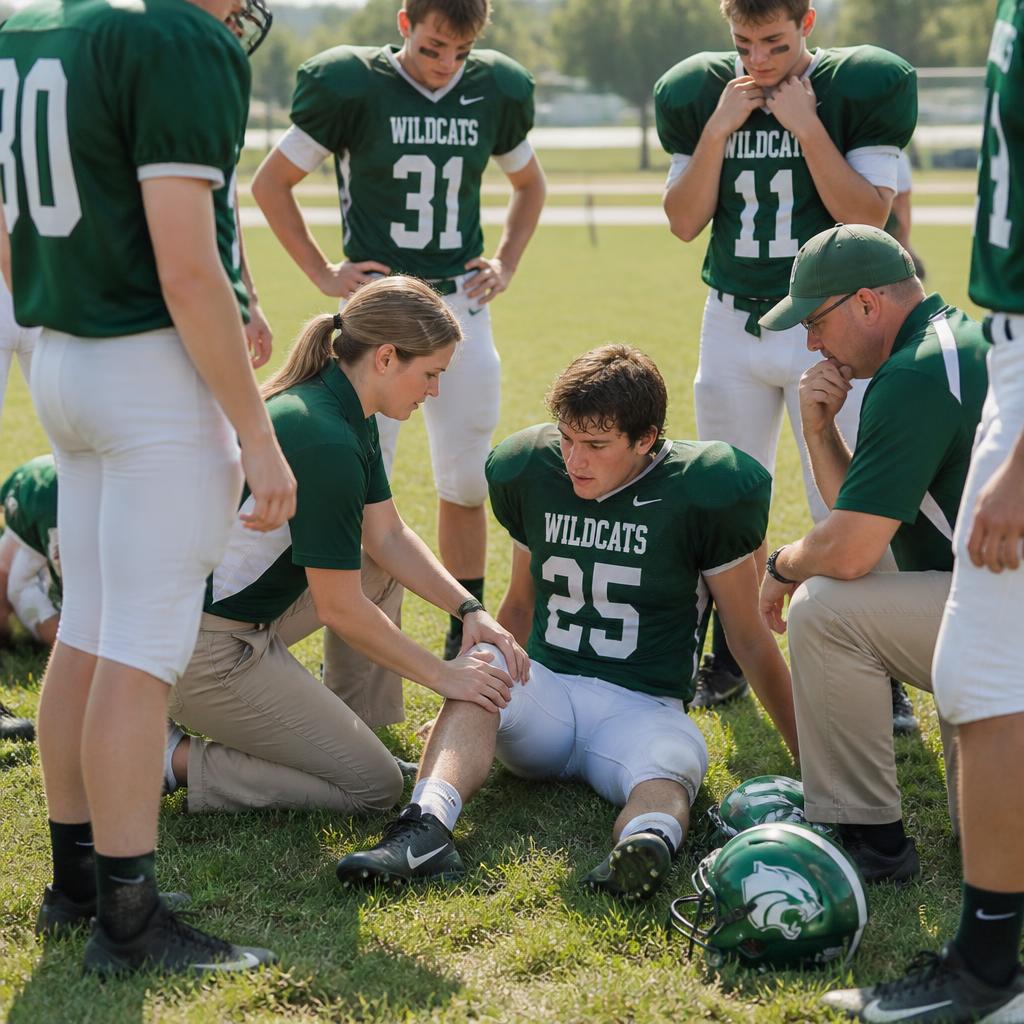 Athletic trainer and coach checking on an injured athlete during a school sports game